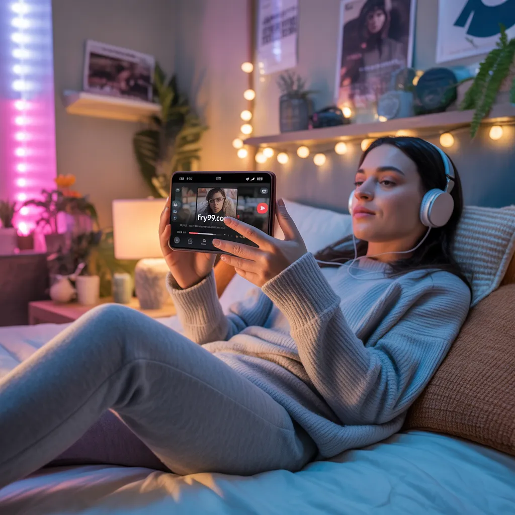 Young woman relaxing in aesthetic bedroom watching Fry99.com viral videos on phone with LED lighting