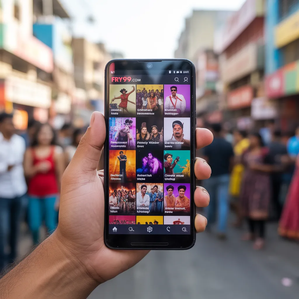 Fry99.com APK Mod interface showing diverse viral video thumbnails including dance comedy and trending clips"