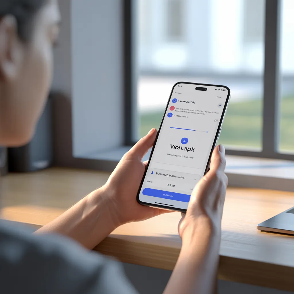 Android smartphone downloading Vion App APK installation file.