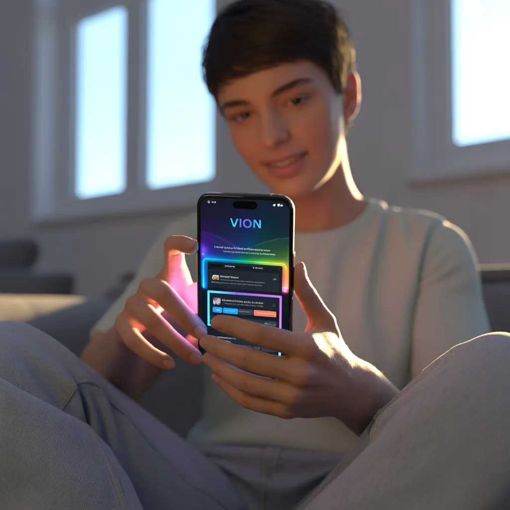 User exploring Vion App features on Android smartphone.